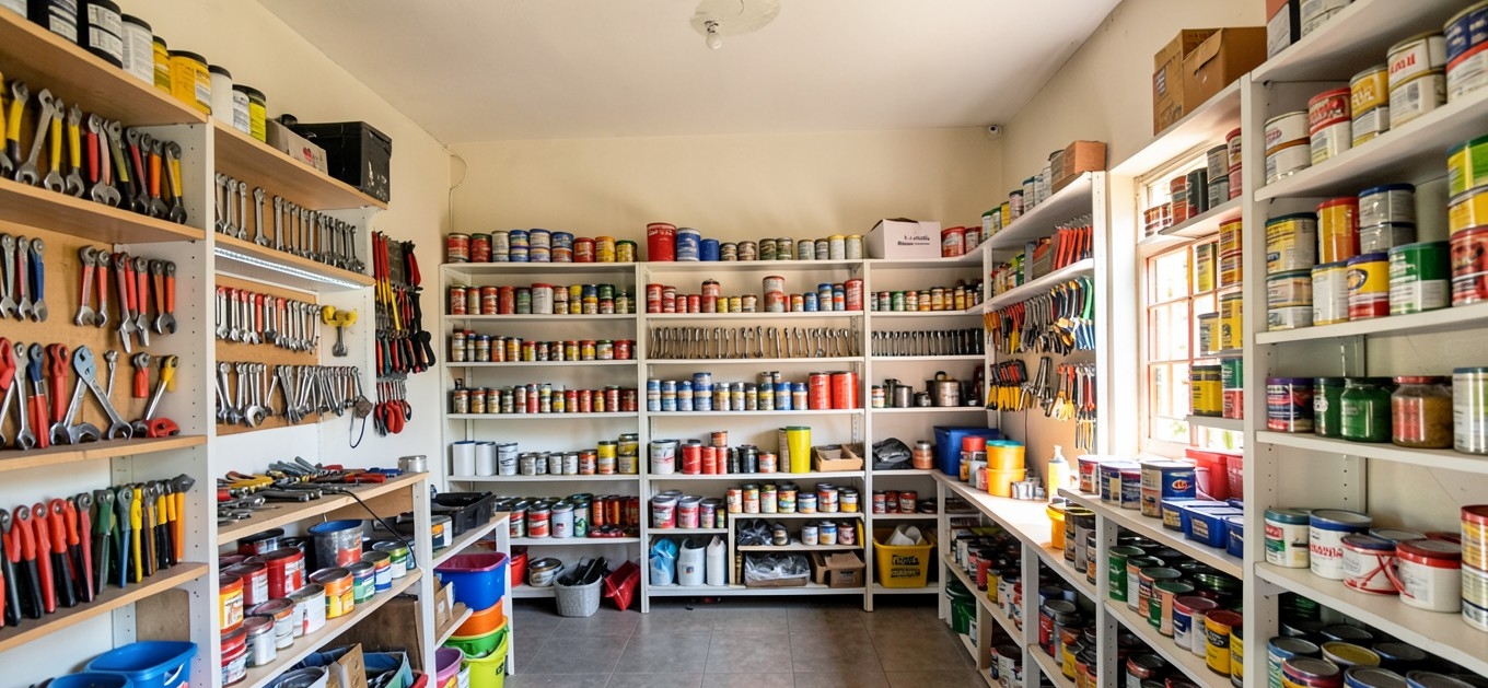Vista de referencia de una ferretería con herramientas y materiales organizados